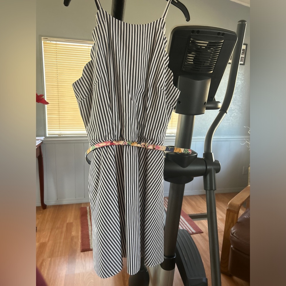 Girls grey and white striped dress